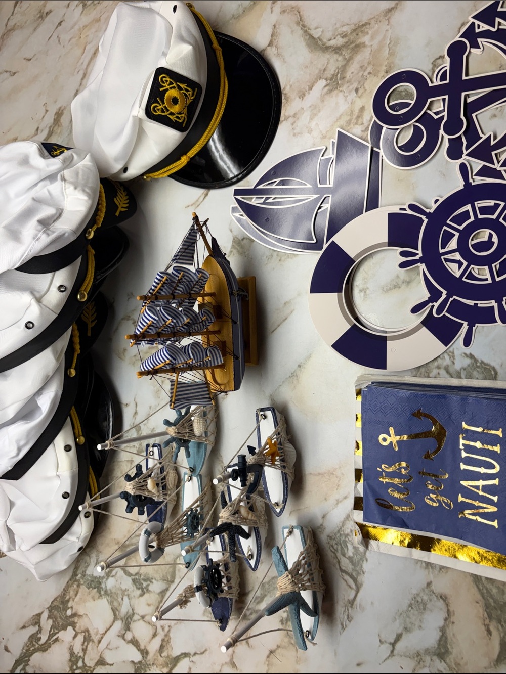 Nautical Captain Hats & Sailboat Party Decor Set - White & Navy
